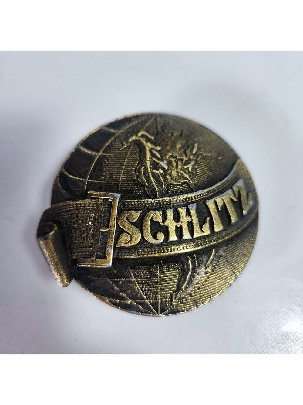 Vintage Schlitz Brass Belt Buckle 70s Globe Logo D‑108 Breweriana